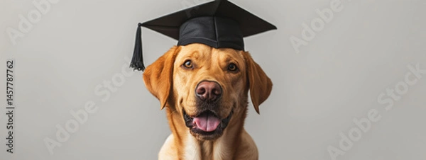 Fototapeta Joyful Labrador Retriever Celebrates Graduation Wearing a Cap in a Minimalistic Indoor Setting