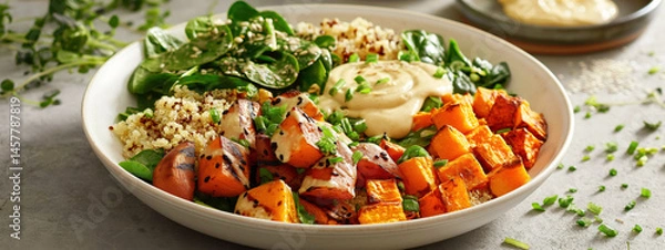Fototapeta Minimalist Gluten-Free Buddha Bowl With Quinoa, Roasted Sweet Potatoes, and Spinach in Bright Dining Setup