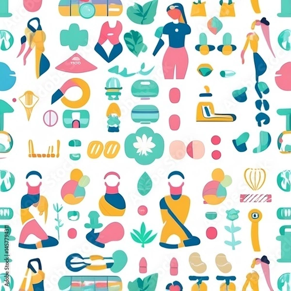 Obraz seamless repeating pattern in 2D illustration style, themed around fitness and yoga. The pattern includes small icons such as dumbbells, yoga mats,