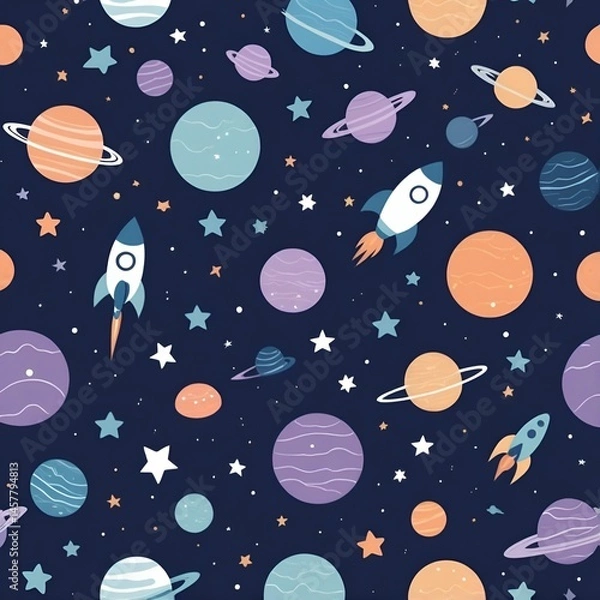Obraz 2D illustration pattern featuring simple space-themed elements such as planets, stars, moons, rockets, and comets