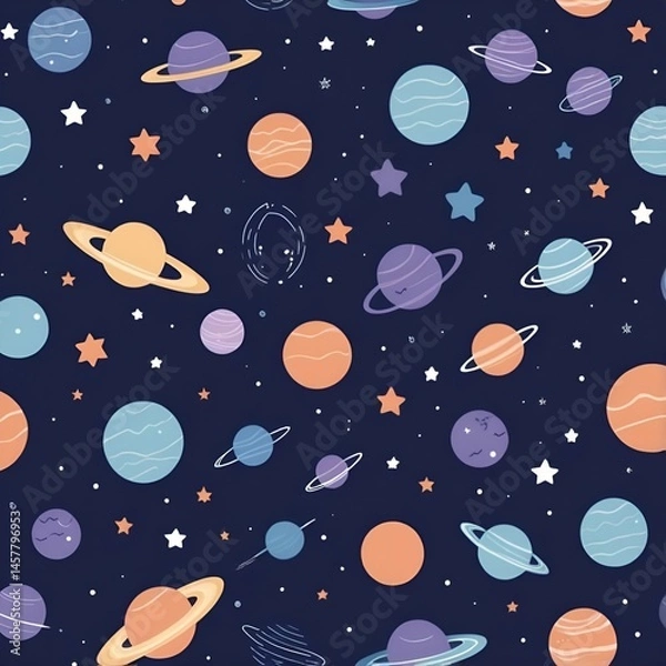 Obraz 2D illustration pattern featuring simple space-themed elements such as planets, stars, moons, rockets, and comets