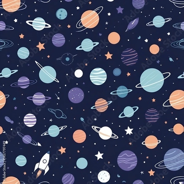 Obraz 2D illustration pattern featuring simple space-themed elements such as planets, stars, moons, rockets, and comets