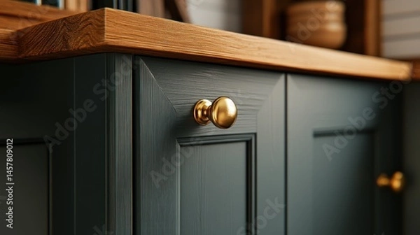 Obraz Close-up view of modern, dark gray kitchen cabinets with golden knobs.