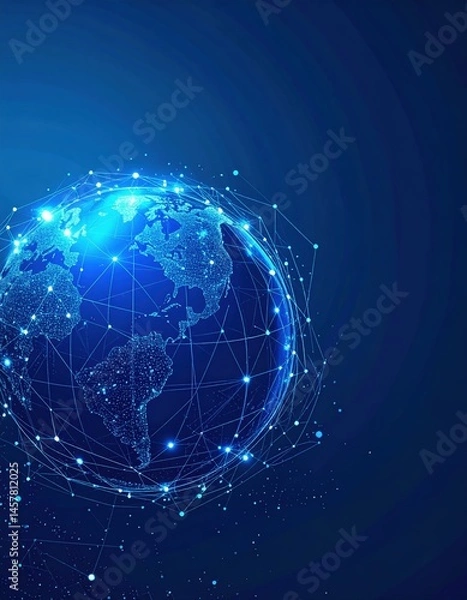 Fototapeta A detailed depiction of Earth showcasing a network of glowing connections and dots, symbolizing global communication and interconnectedness across continents.