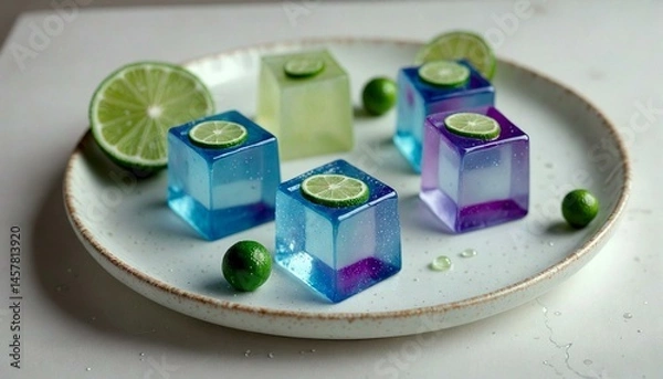 Obraz Translucent Electric-Blue and Purple Gelatin Squares with Lime Orbs on White Plate