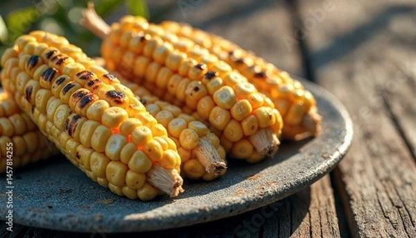Obraz Grilled Corn Close-Up with Charred Kernels on Stone Plate