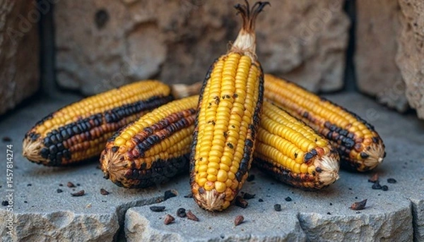 Obraz Charred Corn Cobs with Golden-Yellow Kernels on Stone