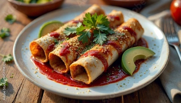 Obraz Red Sauce Enchiladas with Cilantro Avocado on White Plate