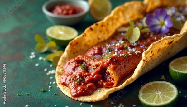 Obraz Crispy Tortilla Enchiladas with Red Sauce and Lime