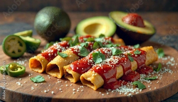 Obraz Colorful Enchiladas with Red Sauce on Wooden Board