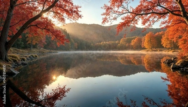Obraz Reflective Lake Surrounded by Autumn Foliage