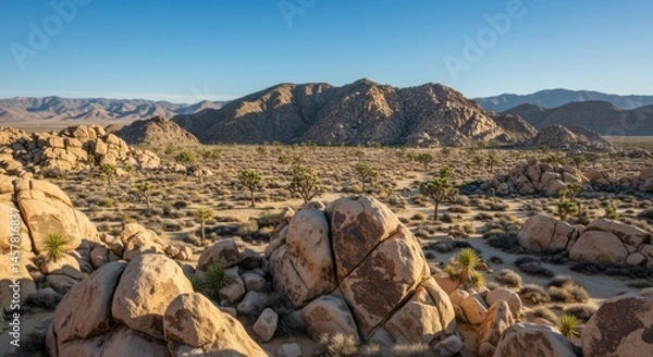 Fototapeta Desert Landscape with Joshua Trees and Rocks under Bright Sunlight