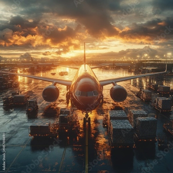 Obraz Dramatic aerial view of an airport with a commercial aircraft landing at sunset over a vibrant city skyline