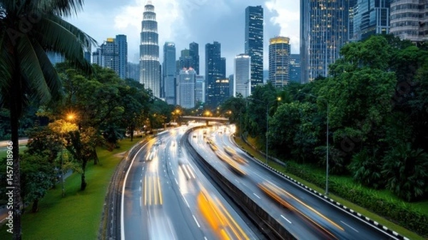 Obraz Towering skyscrapers and illuminated traffic on a futuristic urban landscape capturing the energy and dynamism of a bustling global metropolis at night