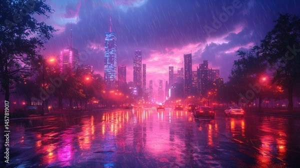 Obraz Dramatic rainy night cityscape with glowing skyscrapers vibrant neon lights and reflections in the flooded streets  Moody atmospheric urban landscape with a stormy colorful ambiance