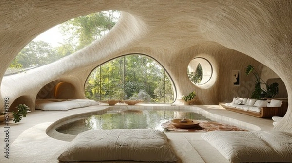 Obraz Organic Oasis Curved Futuristic Modern Architecture with Lush Indoor Pool and Serene Natural Surroundings  An Elegant Luxurious Sanctuary of Relaxation and Rejuvenation