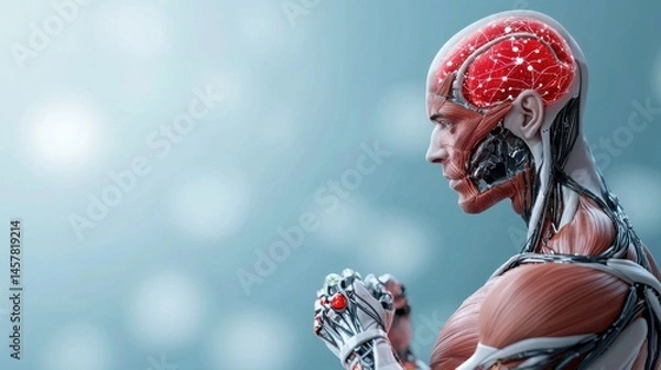 Fototapeta Detailed digital showcasing the futuristic anatomy and structures of a robotic cyborg with advanced intelligence and neural network systems