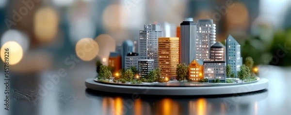 Obraz Stunning panoramic view of an illuminated cityscape with towering high rise skyscrapers and glowing nighttime lights reflecting off the buildings in a bustling financial and commercial district of a