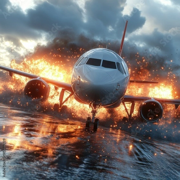 Obraz Dramatic scene of an airplane crash with a fiery explosion in the midst of a stormy and turbulent weather  The plane is surrounded by smoke flames and debris