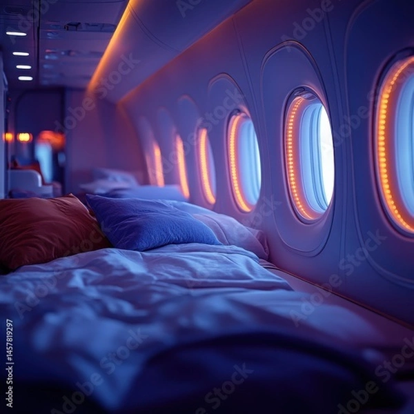 Obraz Tranquil and Serene Airplane Cabin Bathed in Soft Warm Lighting During a Night Flight   Comfortable Cabin with Plush Seating Evoking a Dreamlike Atmosphere for Relaxation and Rest