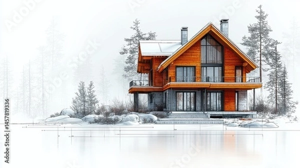 Obraz Picturesque Wooden Chalet Nestled in Snowy Winter Landscape with Surrounding Forest and Mountains in the Background