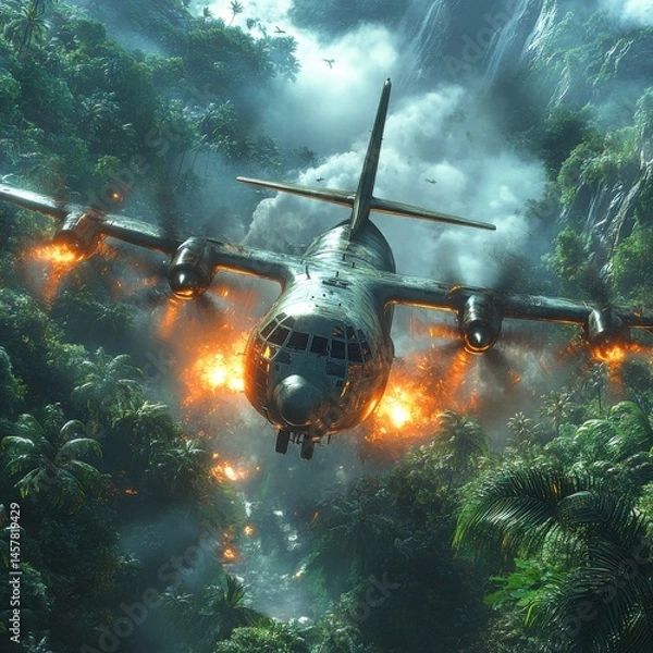 Obraz Intense aerial combat scene with military helicopters engaged in battle surrounded by explosions fire and thick smoke amidst the lush tropical jungle landscape  The dramatic