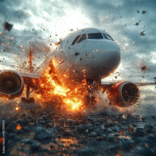Obraz Dramatic and intense scene of a disastrous aircraft crash explosion in the sky with the plane engulfed in flames and breaking apart amidst a chaotic storm of debris and smoke against a dark