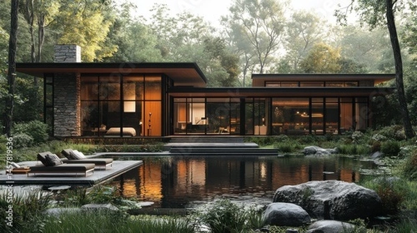 Obraz Luxurious modern glass and wood house surrounded by tranquil forest landscape with serene reflection pool  Elegant and eco friendly architectural design in a secluded nature inspired retreat