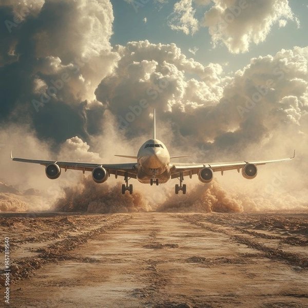 Obraz Dramatic image of a commercial airliner taking off against a moody atmospheric sky over a rugged dry desert landscape