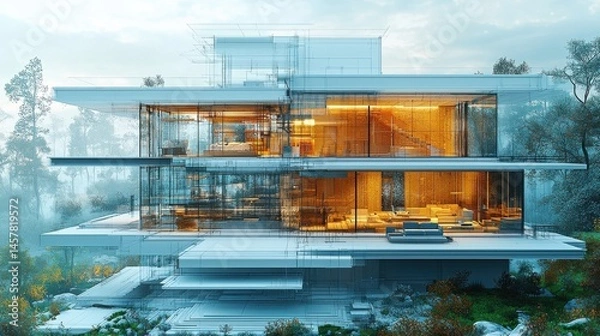 Obraz Exquisite modern glass and steel luxury home with minimalist architectural design set against a stunning lakefront landscape and surrounded by lush nature