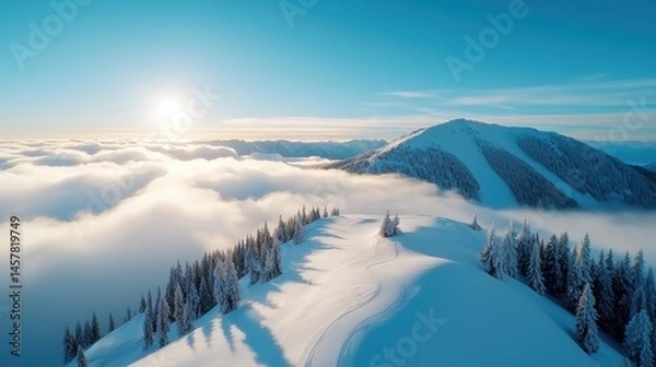 Obraz Breathtaking snowy mountain vista with skiers gliding through a serene winter wonderland of towering peaks evergreen forests