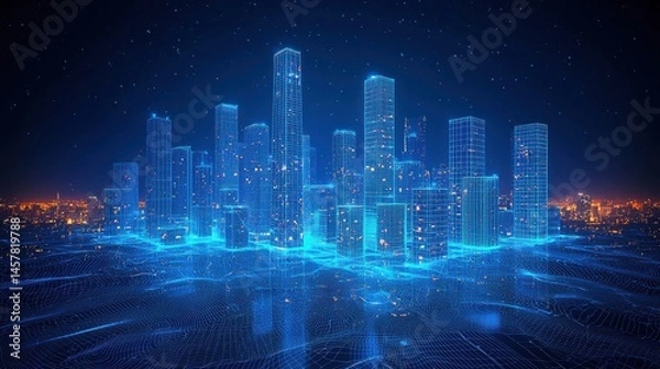 Obraz Stunning aerial view of a glowing futuristic city skyline with towering skyscrapers and high rise buildings illuminated at night  The cityscape reflects in the water creating a captivating
