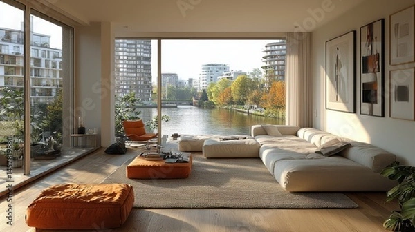 Obraz Luxurious modern apartment living room with panoramic floor to ceiling showcasing an autumnal city landscape  The space features a comfortable couch minimalist decor and a serene