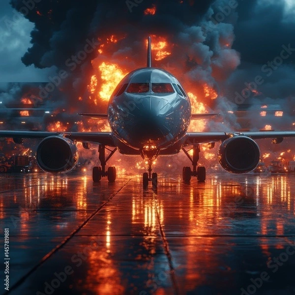 Obraz Dramatic Scene of a Passenger Airplane Engulfed in Flames and Explosions on the Airport Runway Causing a Major Disaster and Emergency Crisis Situation