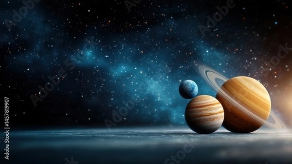 Obraz Stunning digital depicting a cosmic landscape with orbiting planets glowing nebulae and a vast star filled universe in the background