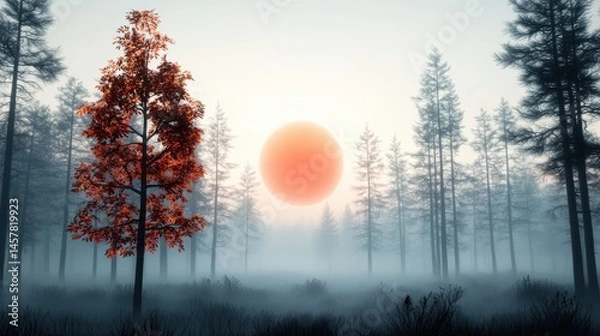 Obraz Glowing Autumn Tree in Misty Forest During Sunrise or Sunset  Vibrant fall foliage contrasts with the eerie atmospheric fog and warm golden light