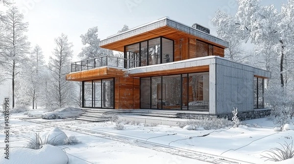 Obraz Cozy modern wooden cabin retreat nestled in a snowy winter landscape with panoramic glass overlooking the scenic forest and mountain view  Luxury property in a remote peaceful natural setting