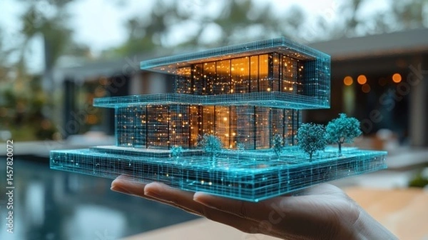 Obraz Stunning futuristic glass and light architectural building with water reflection in a tranquil pool at night  Sleek minimalist design with innovative lighting and contemporary aesthetic