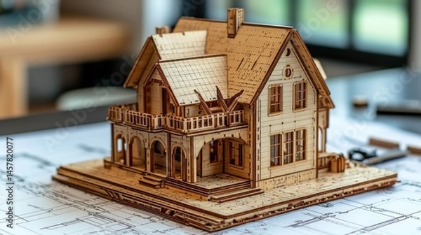 Obraz Detailed wooden architectural model showcasing the intricate design and craftsmanship of a charming rural cottage style home set amidst a natural landscape