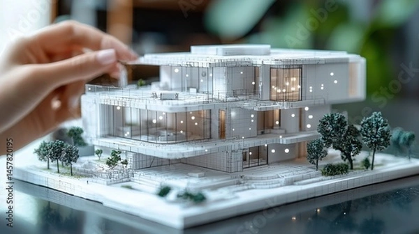 Obraz Detailed scale model of a modern high end residential home design showcasing the architectural features interior layout and surrounding natural landscape elements