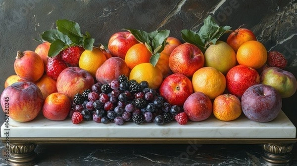 Obraz Colorful and bountiful arrangement of various ripe autumn fruits including apples oranges grapes plums and peaches displayed on a rustic wooden table