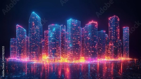 Obraz Mesmerizing nighttime cityscape featuring a vibrant and futuristic skyline of high rise buildings skyscrapers and towers illuminated by a dazzling display of neon lights and reflections on the water
