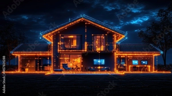 Obraz Illuminated Cozy Winter Cabin Nestled in Snowy Mountainous Landscape at Night  Festive Lights up the Rustic Cottage in a Serene and Peaceful Setting