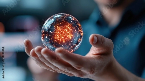 Obraz Close up of a human hand holding a glowing futuristic crystal ball with illuminated digital network connections representing the concept of innovation technology