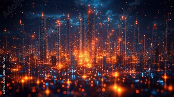 Obraz Breathtaking Nighttime Cityscape with Glowing Skyscrapers and Vibrant Illumination in Modern Metropolis  The image showcases a stunning night view of a bustling city with towering buildings