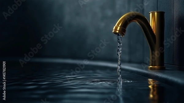 Fototapeta Golden Tap's Flow: A close-up shot features a golden tap dispensing crystal-clear water into a basin.