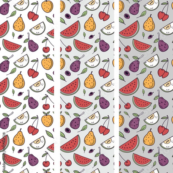 Fototapeta Background with different fruits, pear, cherry, watermelon, plum and apple