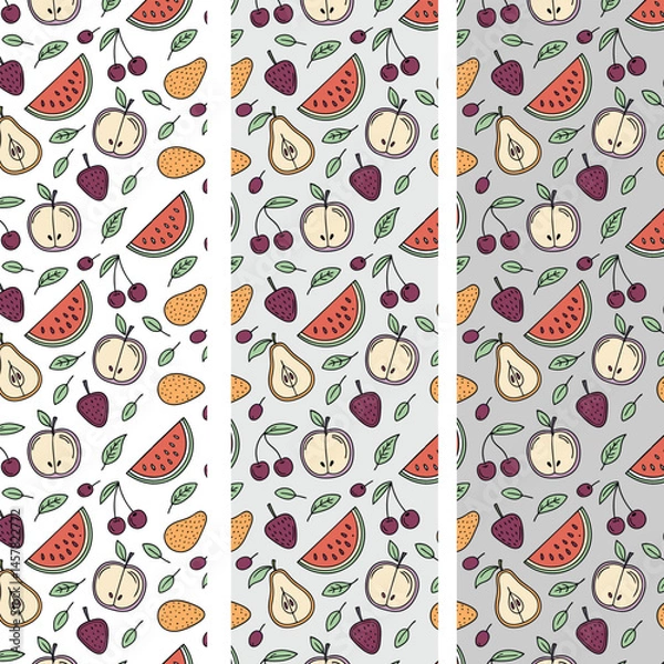 Fototapeta Background with different fruits, pear, cherry, watermelon, plum and apple