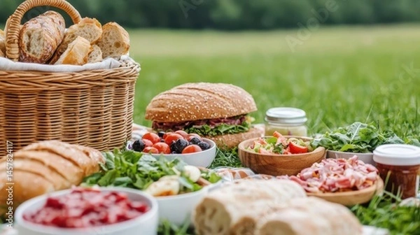 Obraz Perfect Picnic Spread with Fresh Bread, Salads, and Delicious Treats