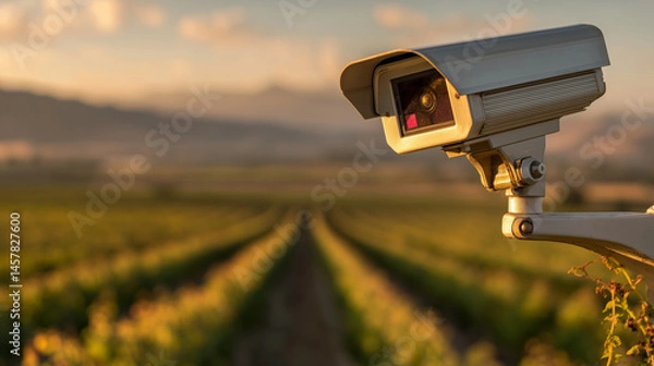 Fototapeta AI-powered precision farming camera overlooking fields at sunset
